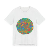 A colorful and vibrant mandala tee featuring a peaceful and tranquil design