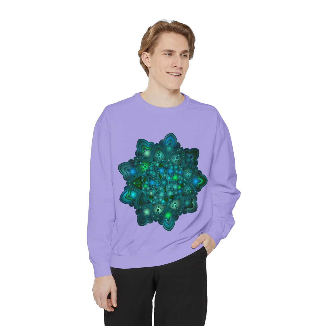 A close-up image of a comfortable sweatshirt featuring an intricate blue and green mandala design, perfect for adding a pop of color to your wardrobe