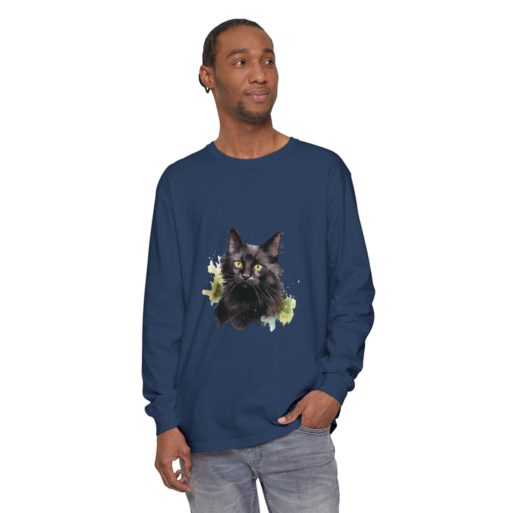 Black Cat Watercolor Splash Long Sleeve T-Shirt featuring a playful cat design amidst vibrant watercolor splashes