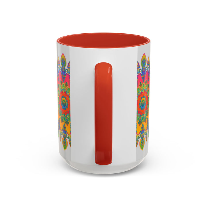 A grey ceramic mug with a colorful mandala design, featuring intricate and detailed art