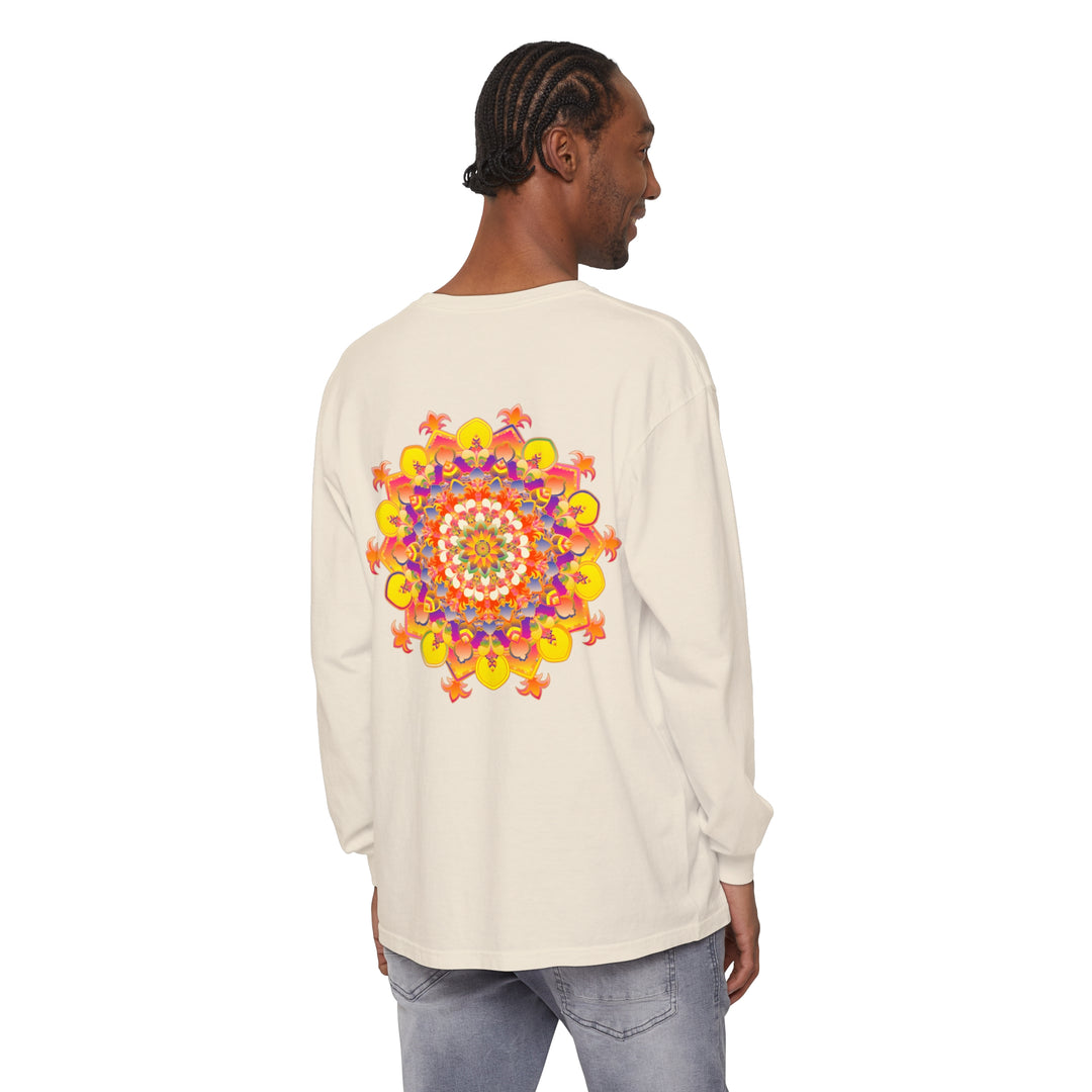 Colorful and intricate mandala design on a long sleeve unisex t-shirt