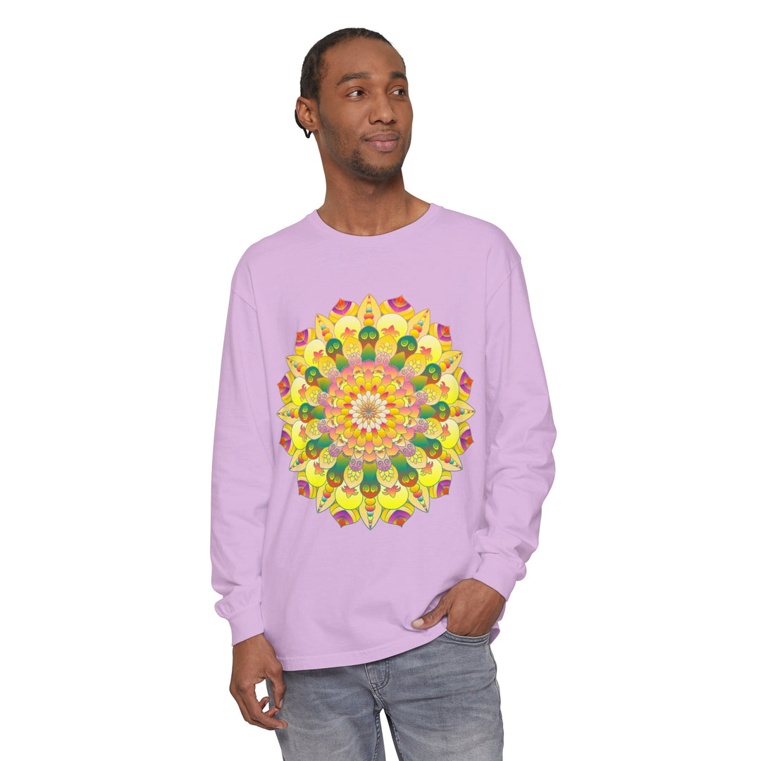 Colorful and intricate mandala design on a unisex long sleeve t-shirt