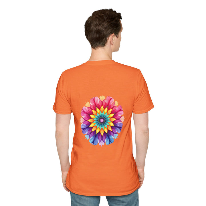 A close-up image of a white t-shirt with a floral mandala design and a quote printed on it