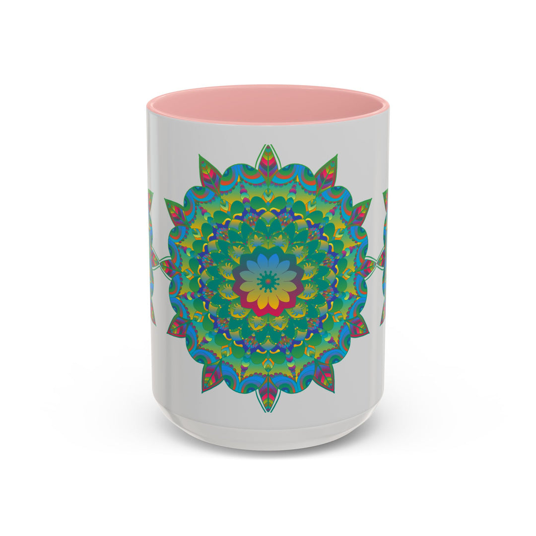 Handcrafted ceramic mug featuring a vibrant mandala art design with intricate floral patterns in bold, colorful hues