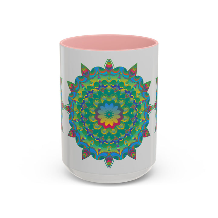 Handcrafted ceramic mug featuring a vibrant mandala art design with intricate floral patterns in bold, colorful hues