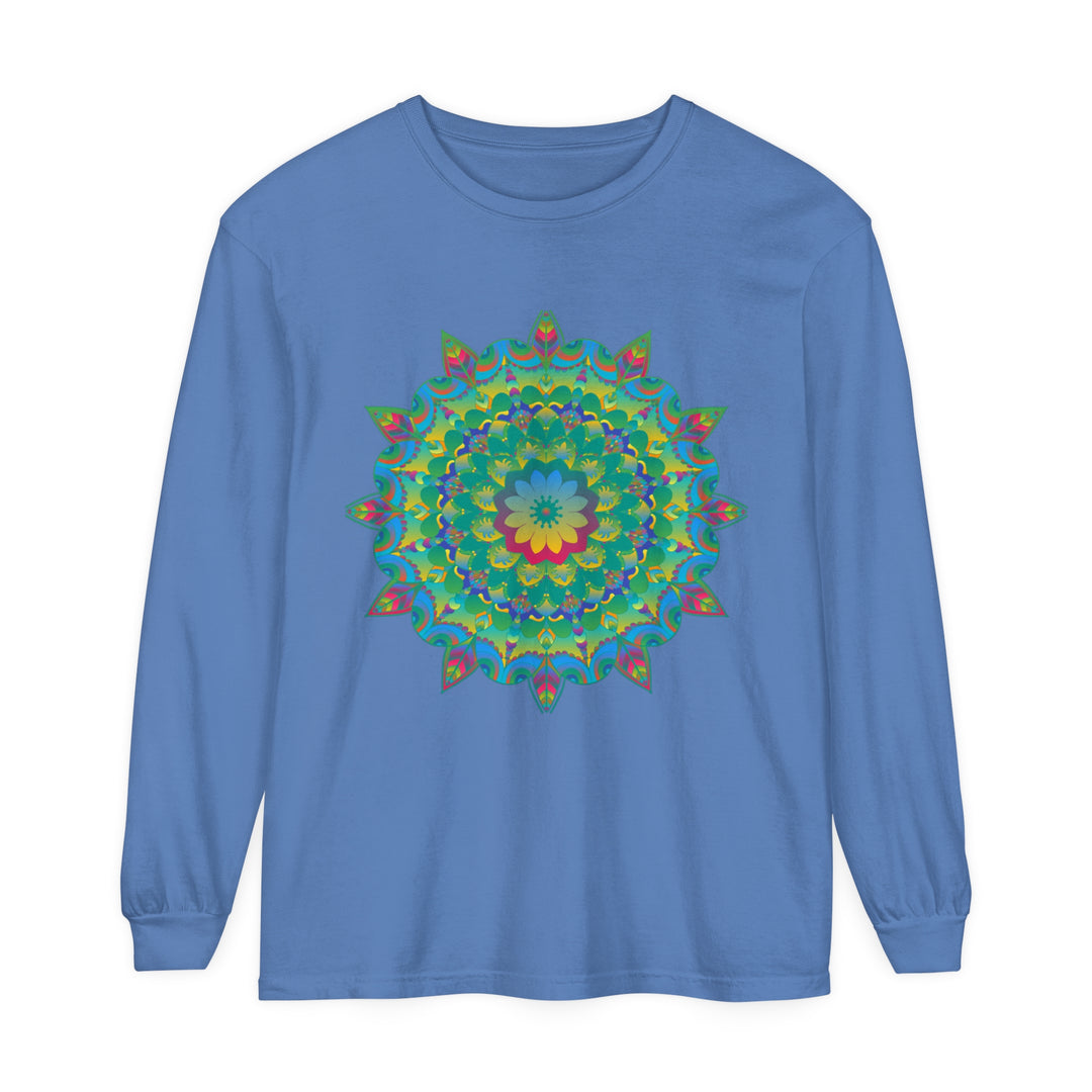 Colorful psychedelic mandala design long sleeve t-shirt on a white background