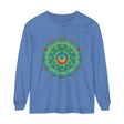 Colorful psychedelic mandala design long sleeve t-shirt on a white background