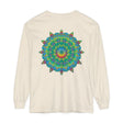 Colorful and intricate psychedelic mandala design on a long sleeve t-shirt