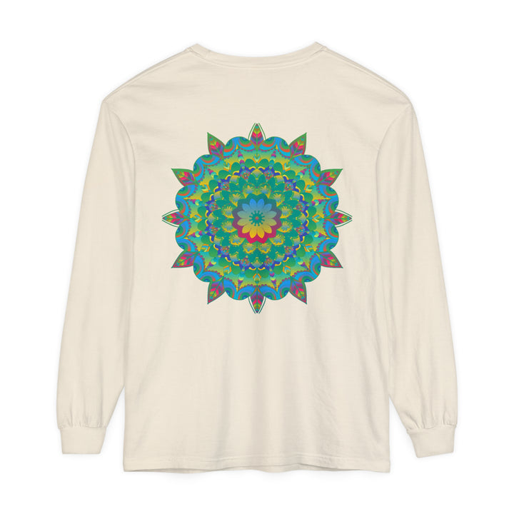 Colorful and intricate psychedelic mandala design on a long sleeve t-shirt