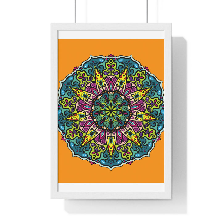 Hand-drawn orange mandala art framed poster for mindfulness and yoga