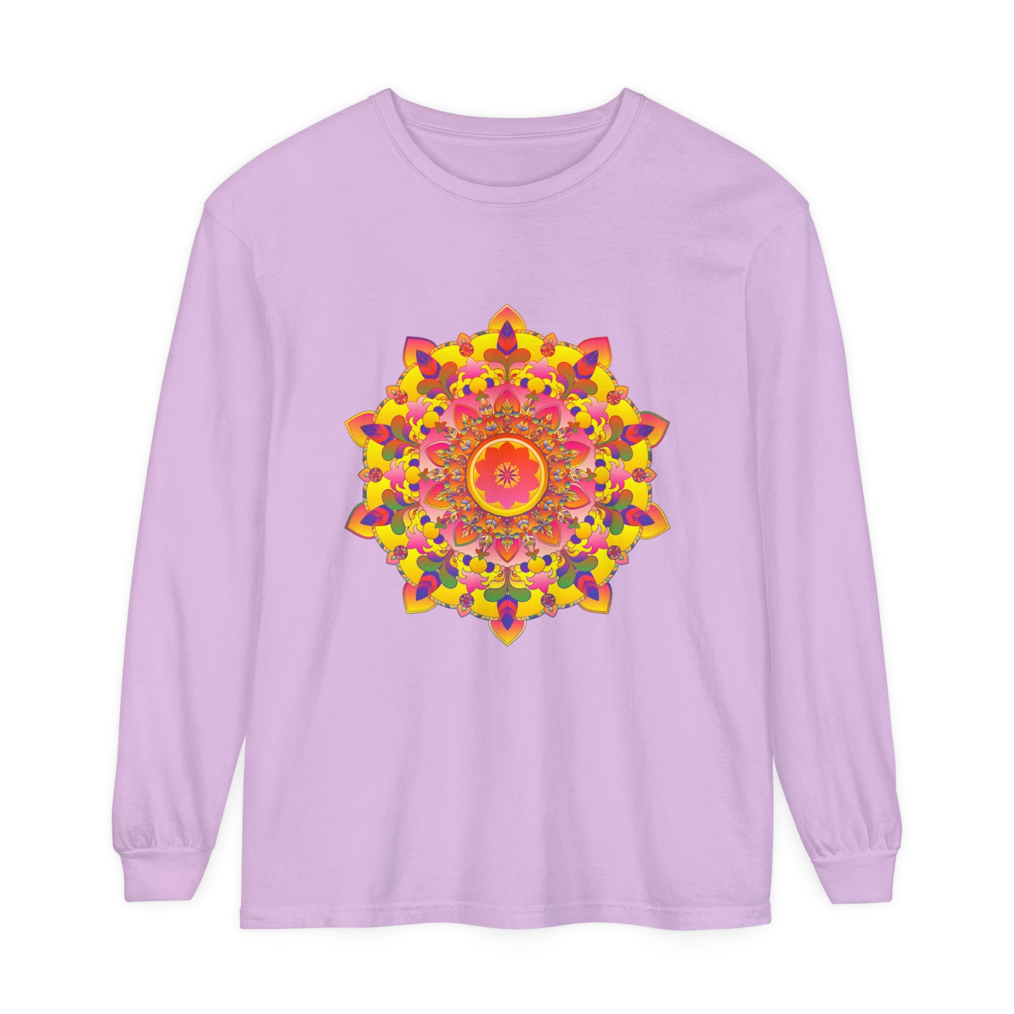 Colorful and intricate mandala design on a unisex long sleeve t-shirt