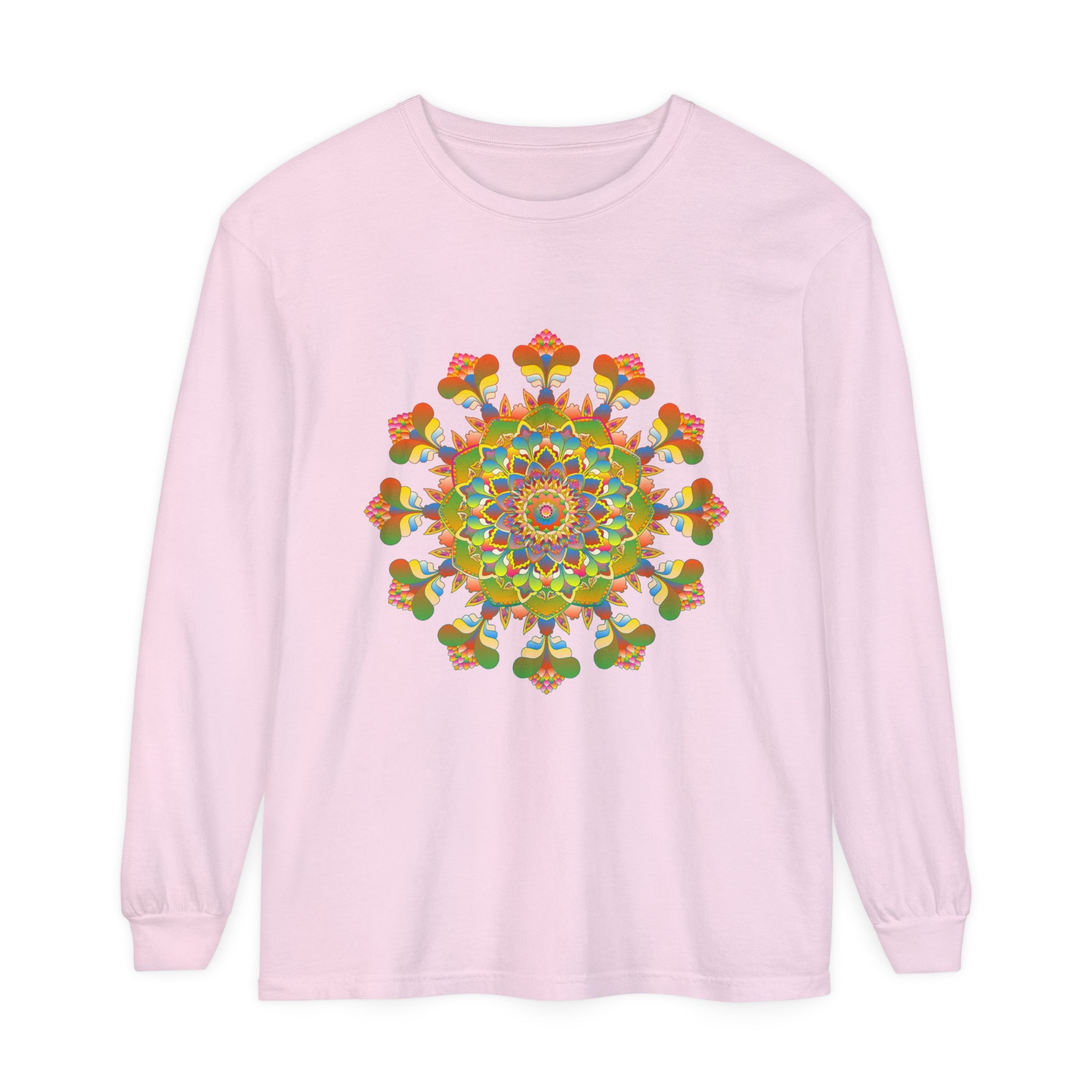 Vibrant, colorful, and intricate mandala design long sleeve t-shirt for women