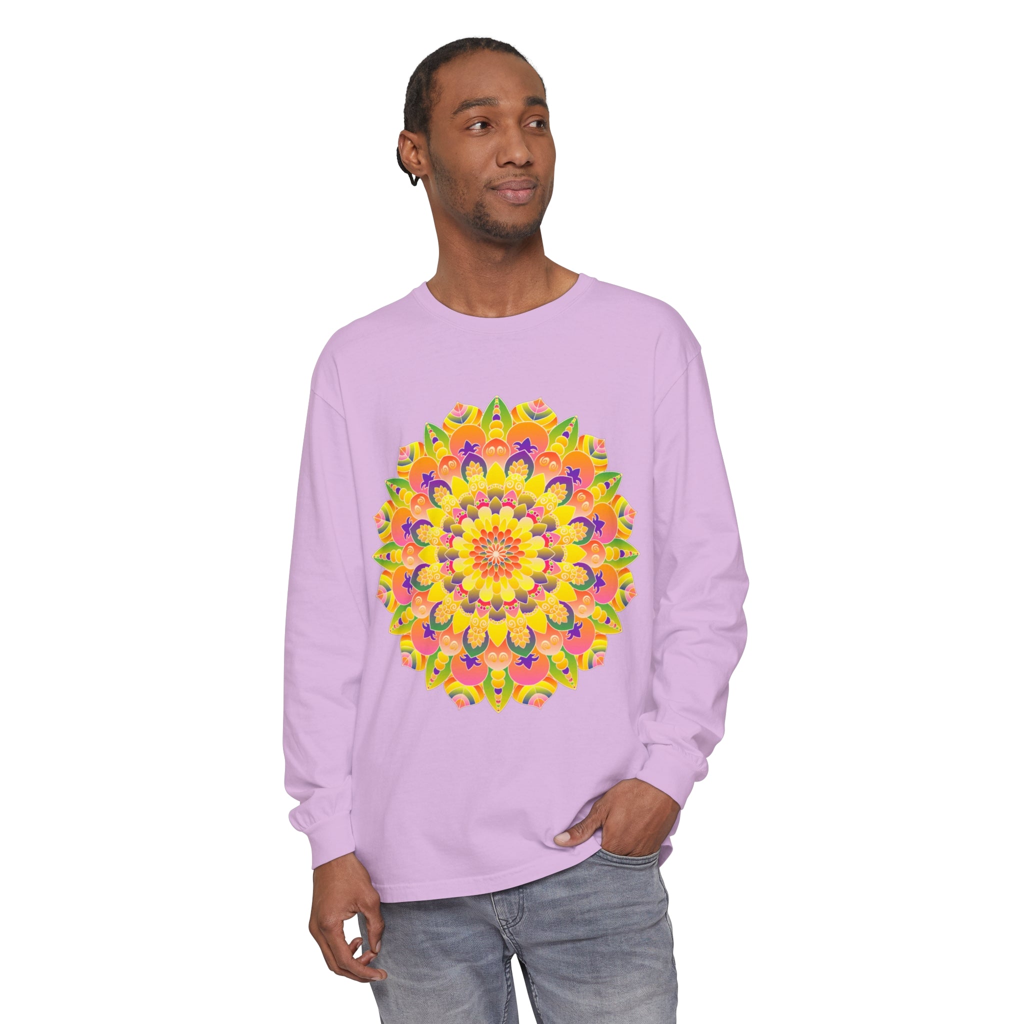 Colorful and intricate mandala design on a unisex long sleeve t-shirt