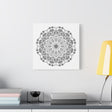 Beautiful handmade black and white mandala art on matte canvas, stretched to perfection, with a 125 inch frame for elegant wall display