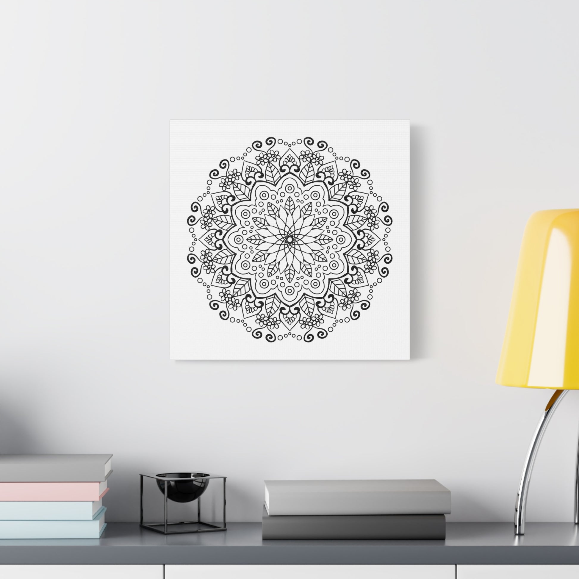 Beautiful handmade black and white mandala art on matte canvas, stretched to perfection, with a 125 inch frame for elegant wall display