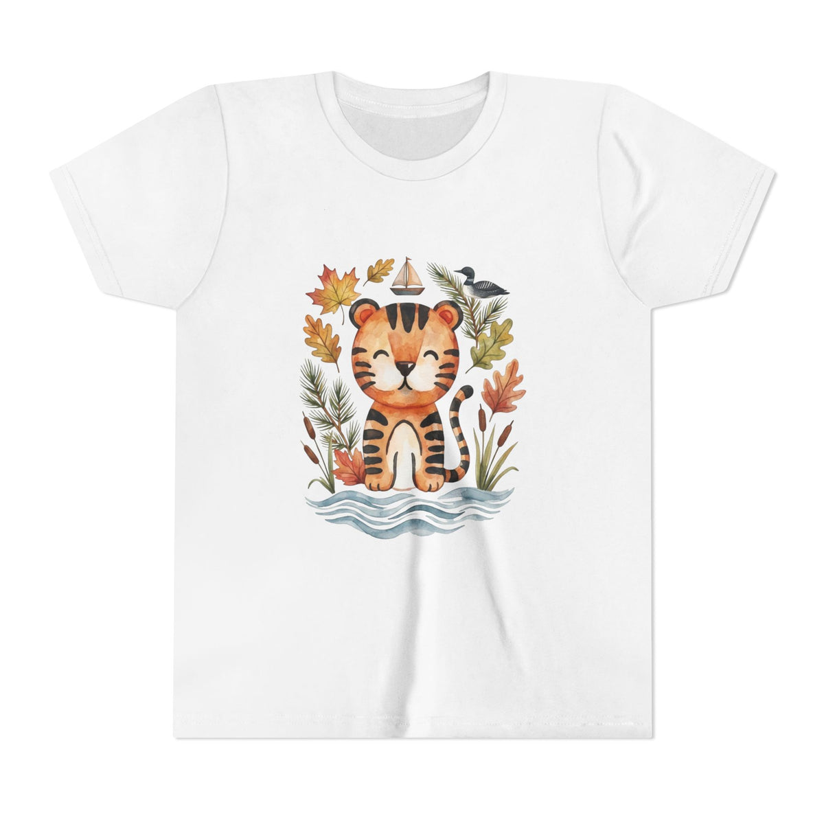 A white short-sleeve crewneck t-shirt featuring a colorful graphic print of a cute cartoon tiger sitting in water, surrounded by autumn leaves and a bird.