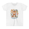A white short-sleeve crewneck t-shirt featuring a colorful graphic print of a cute cartoon tiger sitting in water, surrounded by autumn leaves and a bird.