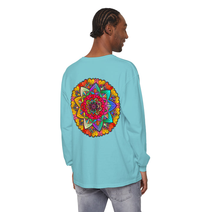 Colorful and intricate mandala design on a unisex long sleeve t-shirt