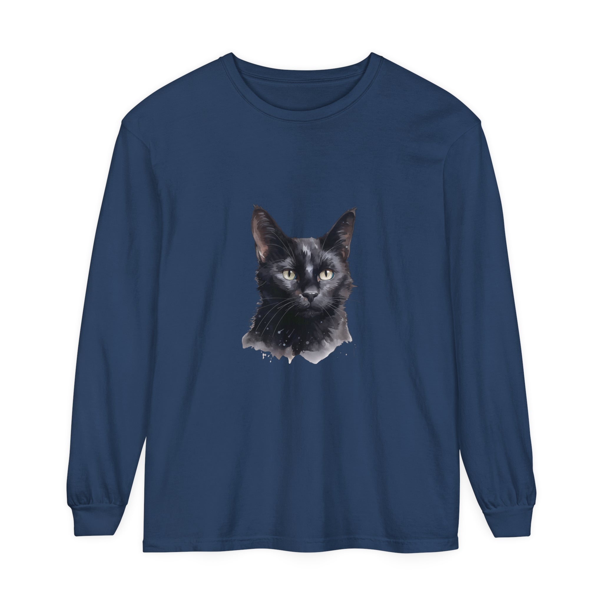 Black Cat Watercolor Unisex Long Sleeve T-Shirt featuring a beautiful watercolor design of a black cat on a comfortable, stylish long sleeve shirt