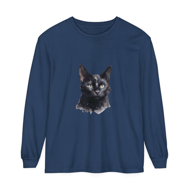 Black Cat Watercolor Unisex Long Sleeve T-Shirt featuring a beautiful watercolor design of a black cat on a comfortable, stylish long sleeve shirt