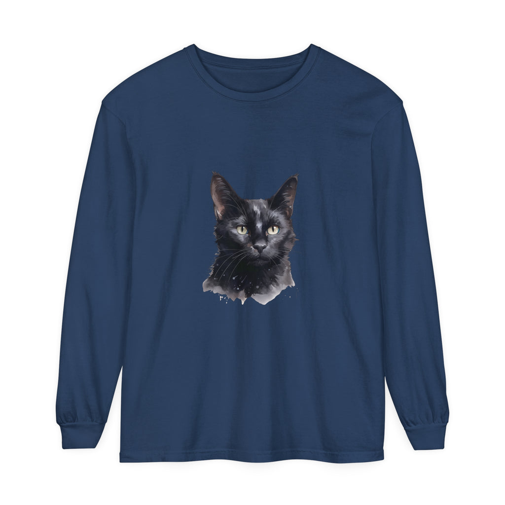 Black Cat Watercolor Unisex Long Sleeve T-Shirt featuring a beautiful watercolor design of a black cat on a comfortable, stylish long sleeve shirt