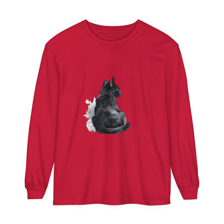 Black Cat Watercolor Unisex Long Sleeve T-Shirt featuring a beautiful watercolor design of a black cat on a comfortable, versatile long sleeve shirt