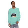 A watercolor illustration of a sleeping black cat on a t-shirt