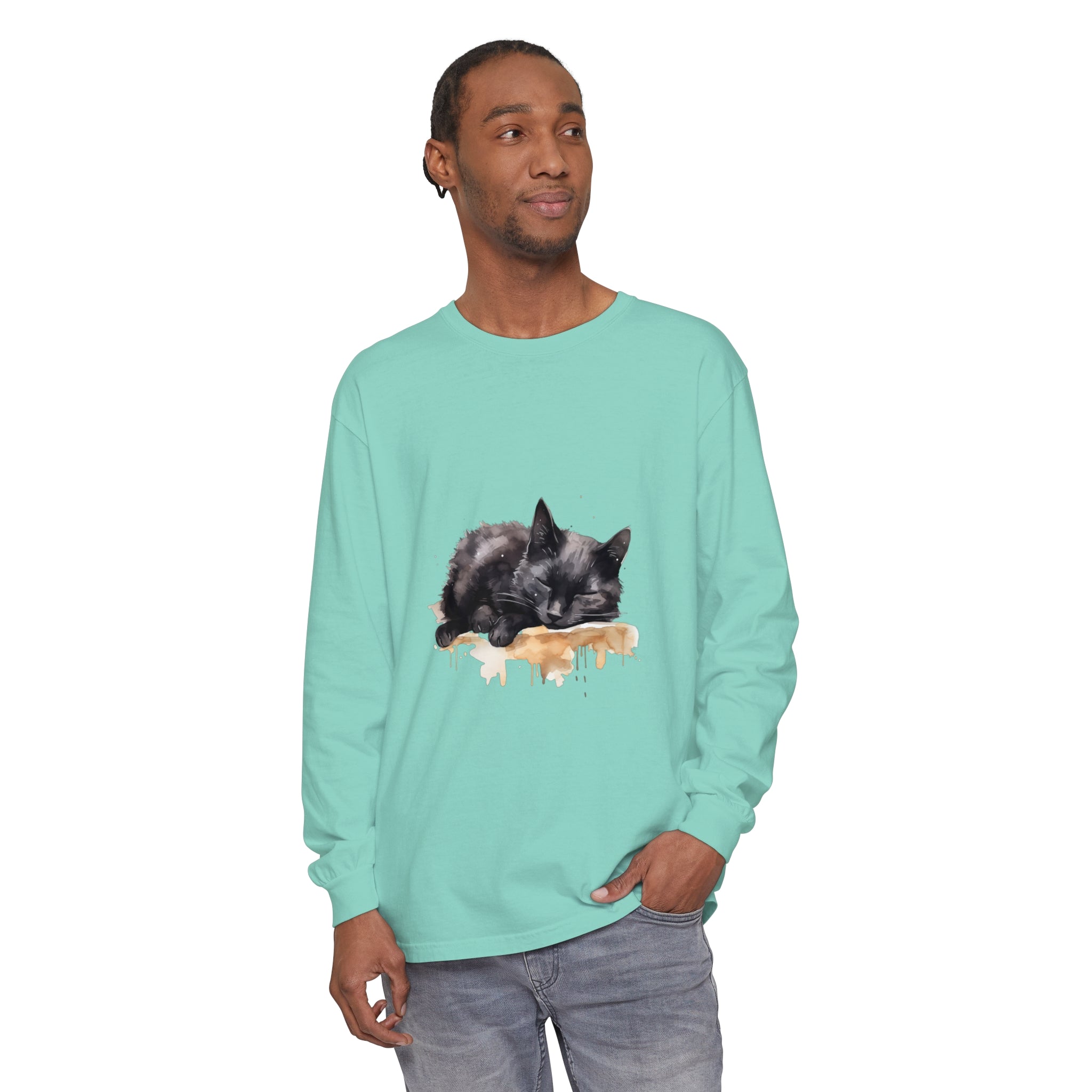 A watercolor illustration of a sleeping black cat on a t-shirt