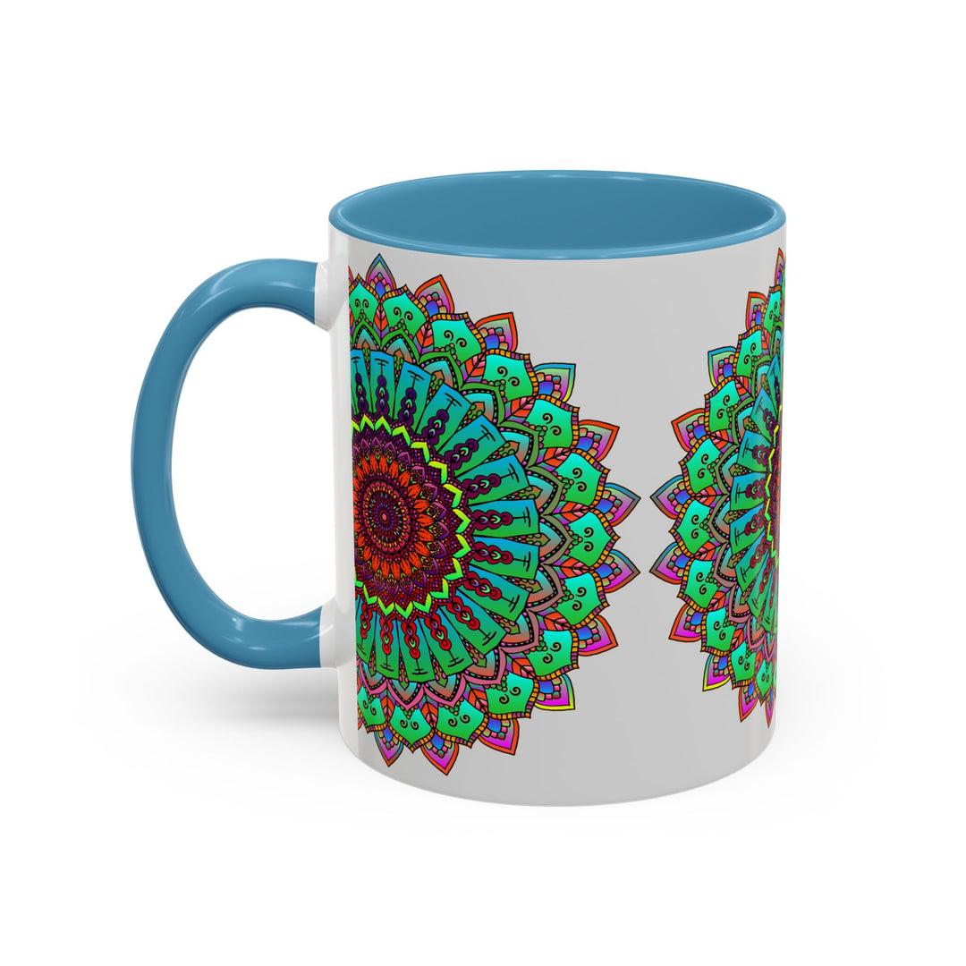 Handcrafted ceramic mug featuring a light grey background with vibrant mandala art designs in various colors