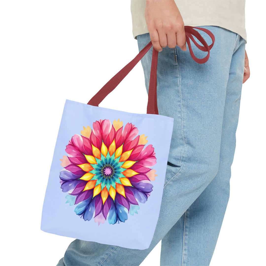 Colorful rainbow mandala tote bag with intricate pattern and vibrant design