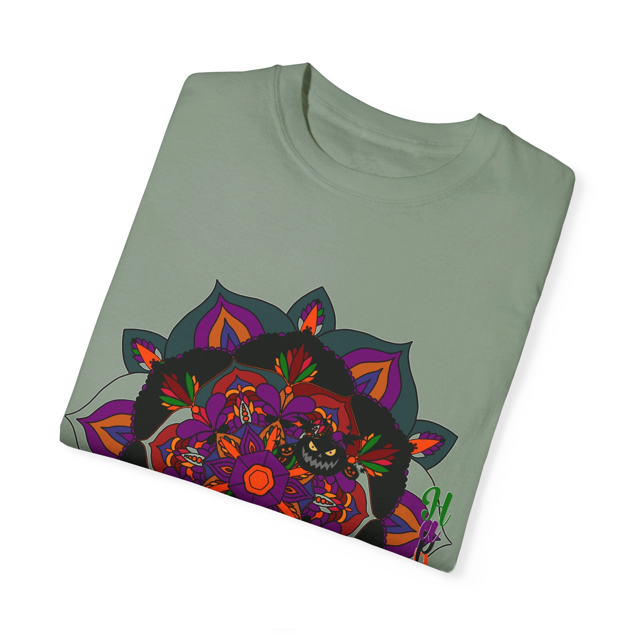 Colorful handmade mandala design Halloween t-shirt, perfect for both men and women