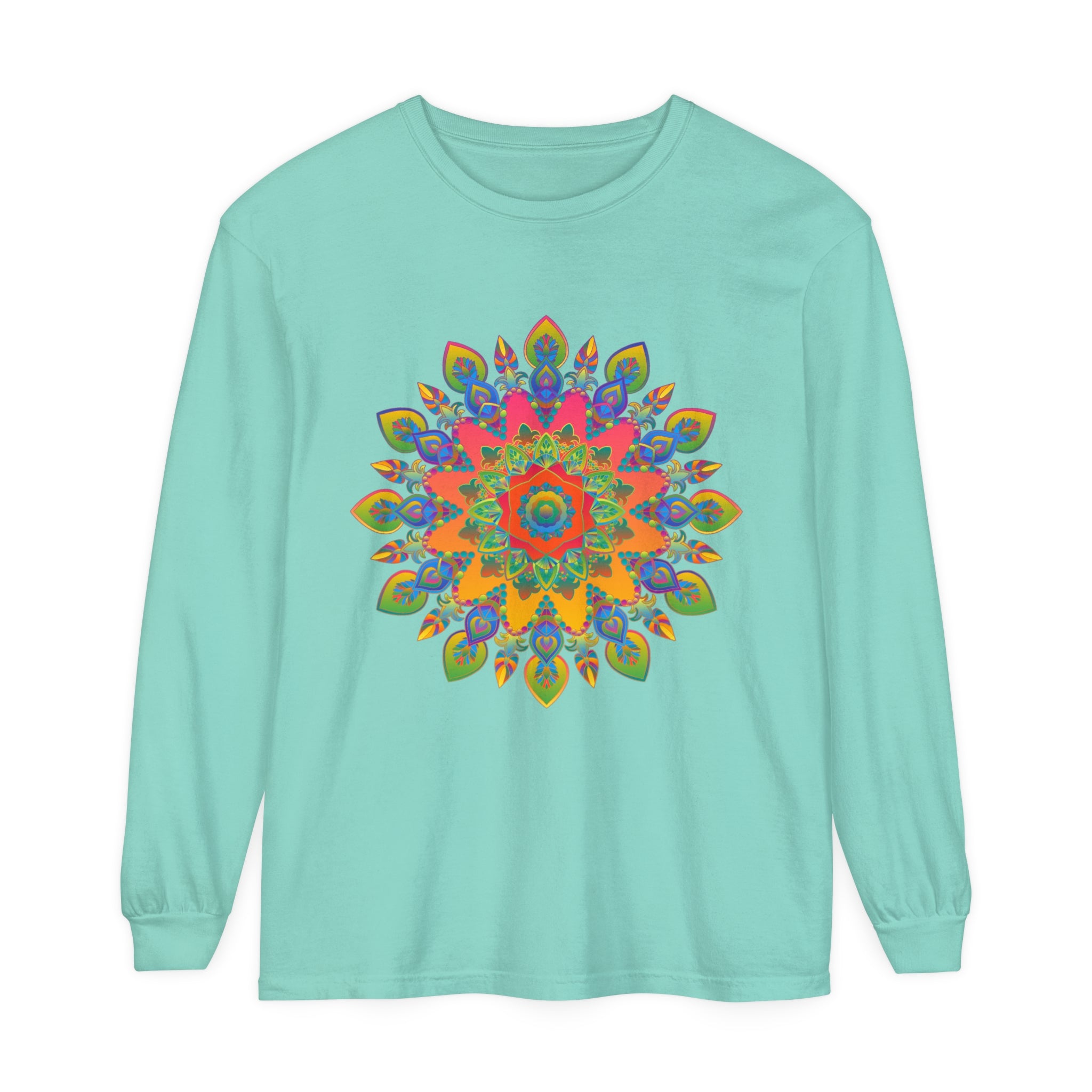 Colorful and intricate mandala design on a unisex long sleeve t-shirt