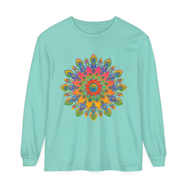 Colorful and intricate mandala design on a unisex long sleeve t-shirt