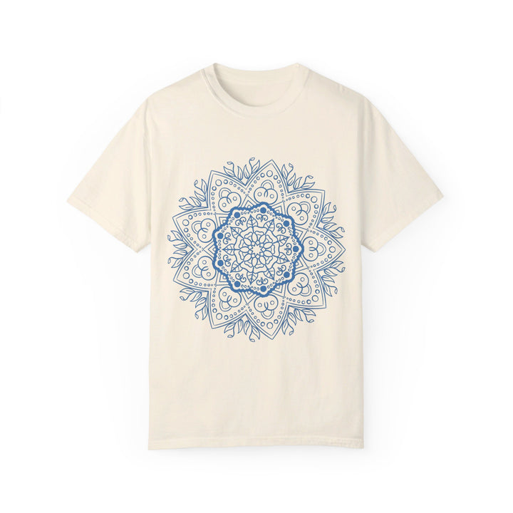 Unisex Mandala Tshirt featuring a unique handmade mandala design, created by hand and garment-dyed for a one-of-a-kind look