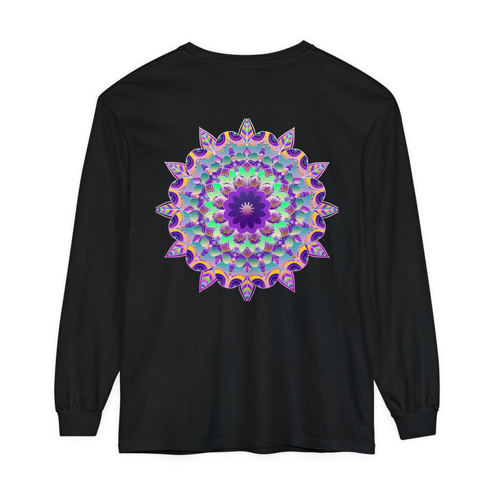 Colorful and intricate psychedelic mandala design on a long sleeve t-shirt