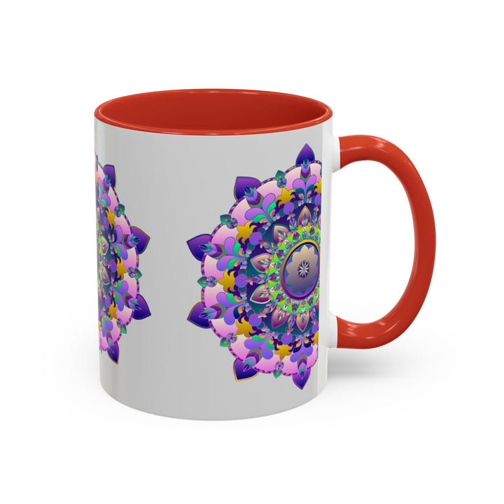 A vibrant and intricate mandala art mug with a colorful floral design