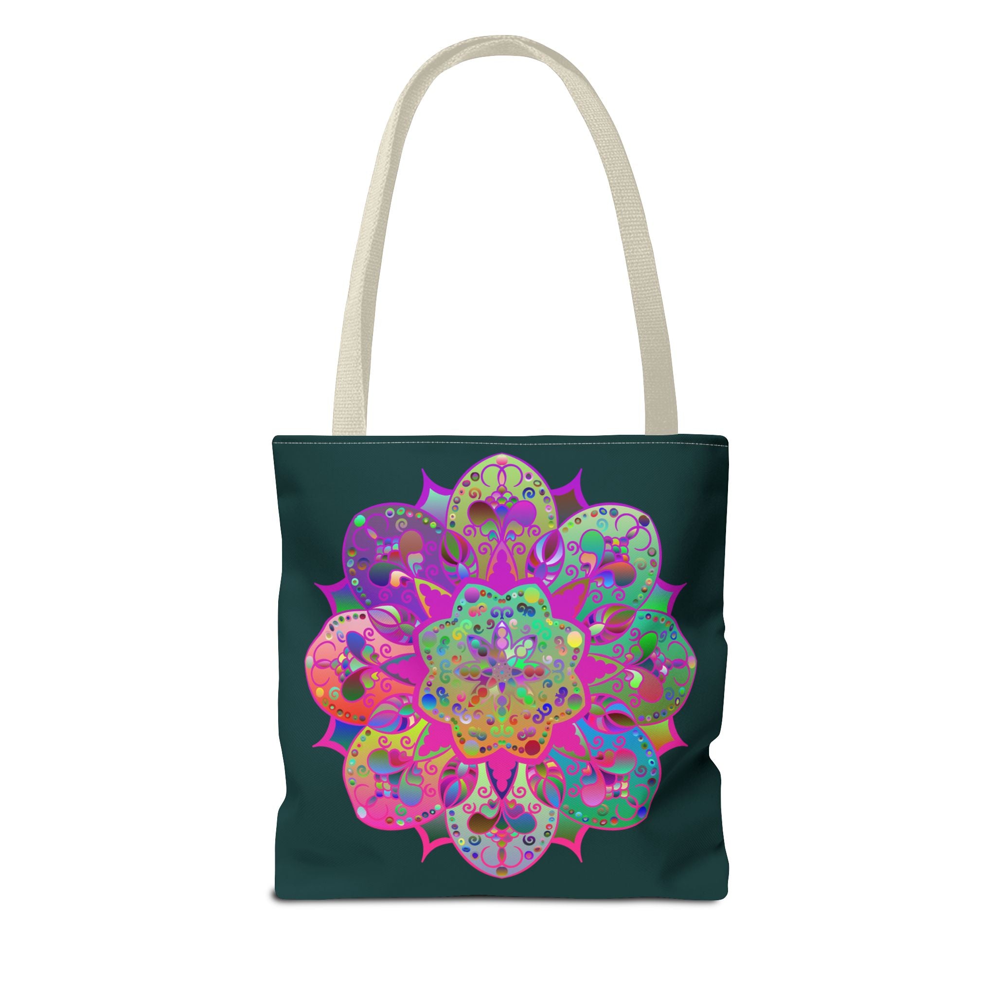 Dark green tote bag adorned with a stunning and colorful mandala pattern