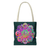 Dark green tote bag adorned with a stunning and colorful mandala pattern