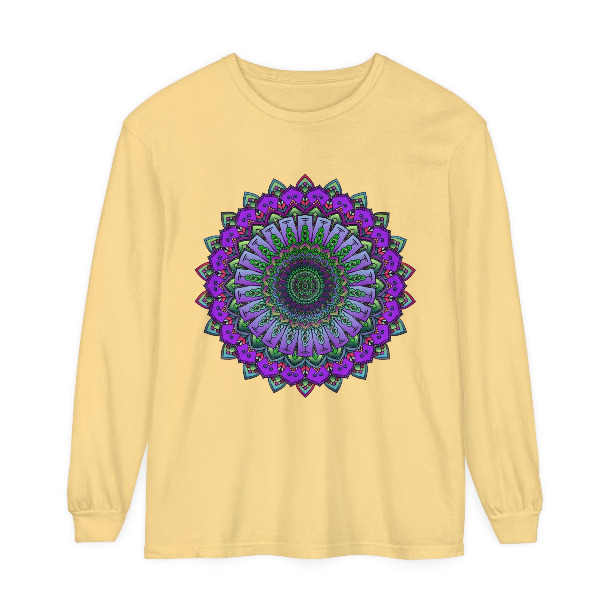 Intricate Mandala design in vibrant colors on Unisex Long Sleeve T-Shirt