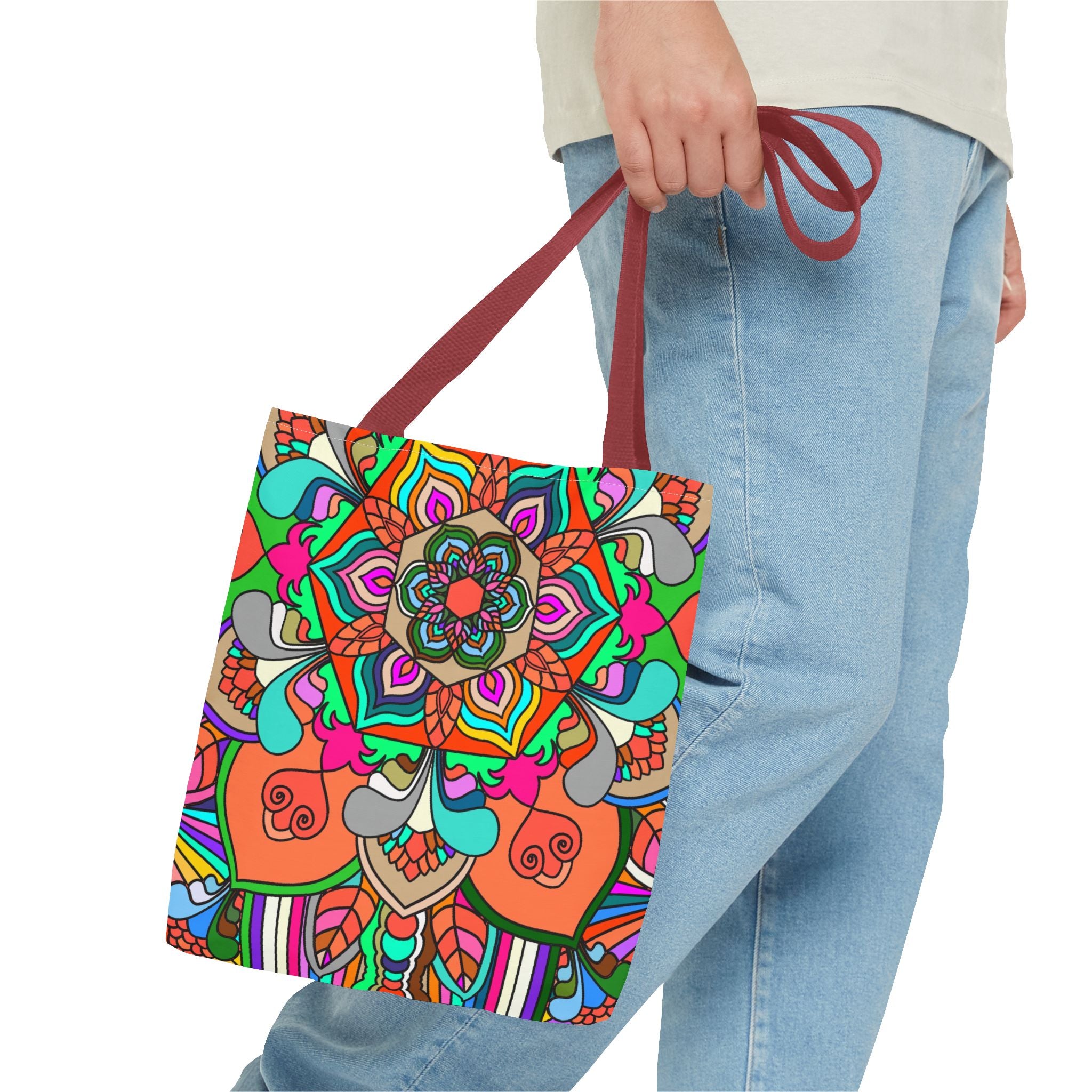 Borsa tote Mandala colorata — Borsa da spiaggia e da mercato con vivace stampa boho all-over