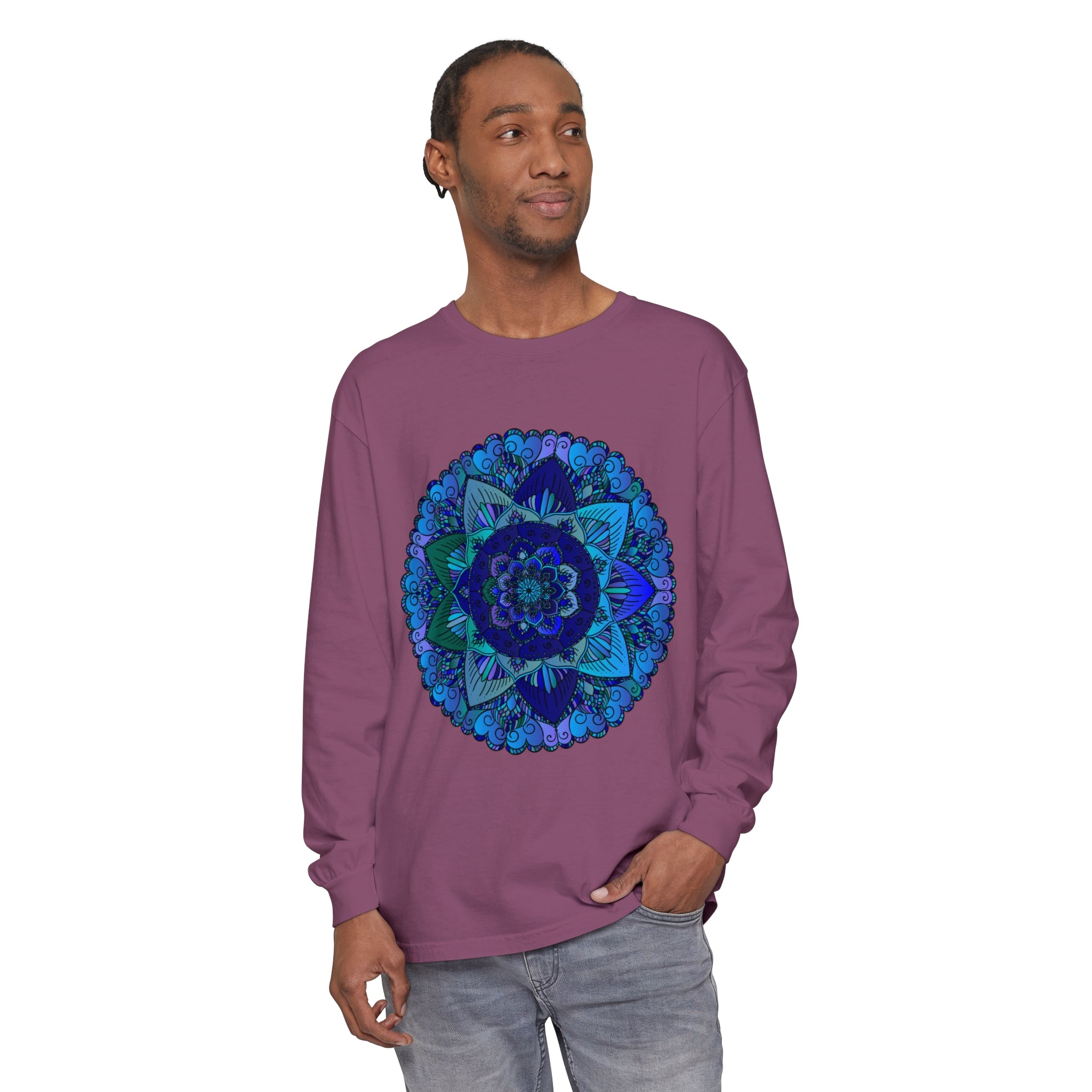 Dark blue long sleeve t-shirt with intricate green mandala design