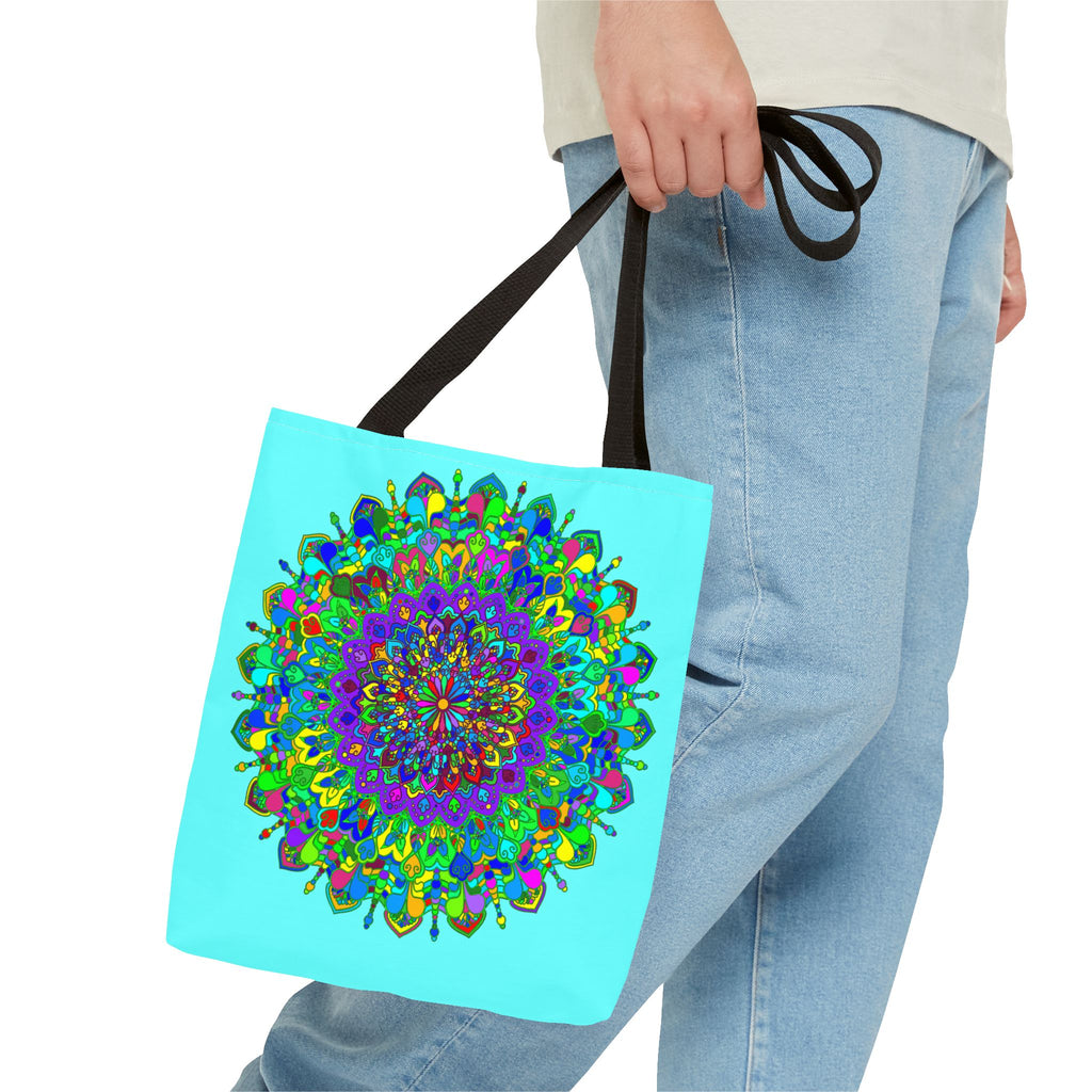 Vibrant and eye-catching Colorful Mandala Art Tote Bag with intricate patterns and bold colors, perfect for adding a stylish pop to your outfit