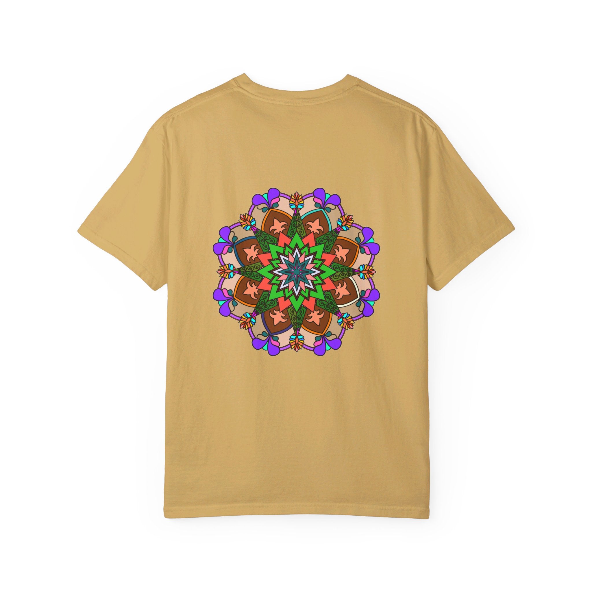 Unisex mandala t-shirt made from 100% ring-spun cotton, featuring hand-drawn mandala art and garment-dyed for extra comfort