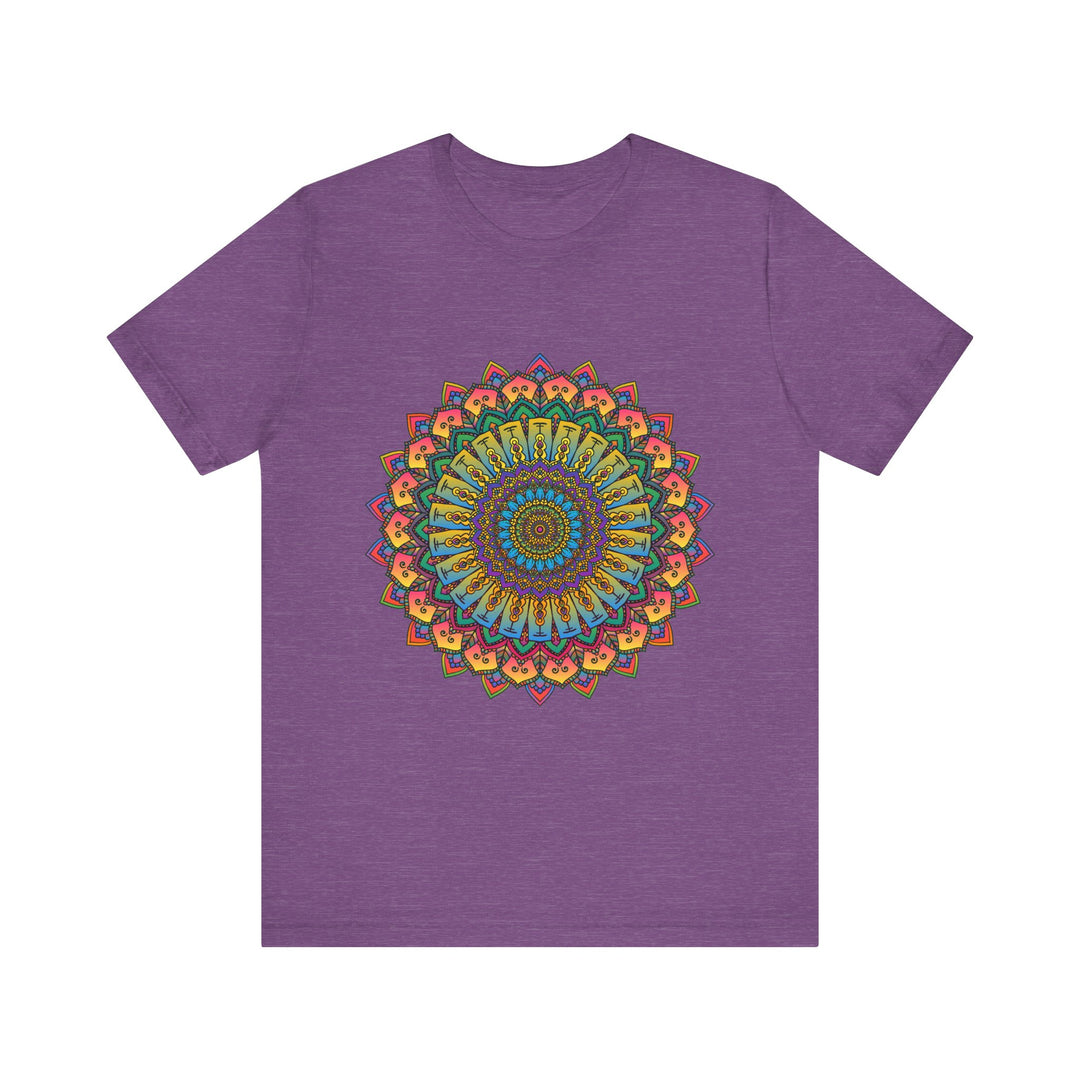 A close-up image of a vibrant and intricate mandala meditation tee with a colorful and detailed design