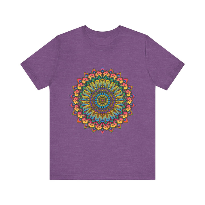 A close-up image of a vibrant and intricate mandala meditation tee with a colorful and detailed design