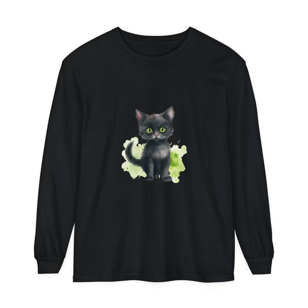 Black Cat Watercolor Long Sleeve T-Shirt - Women's Cotton Blend Tee