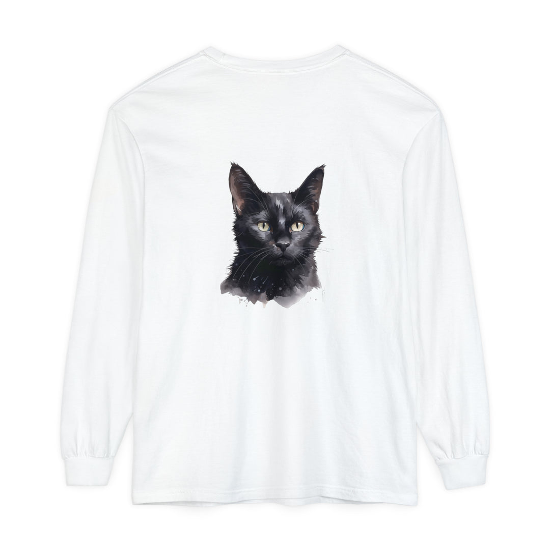 Black Cat Watercolor Unisex Long Sleeve T-Shirt featuring a vibrant feline design