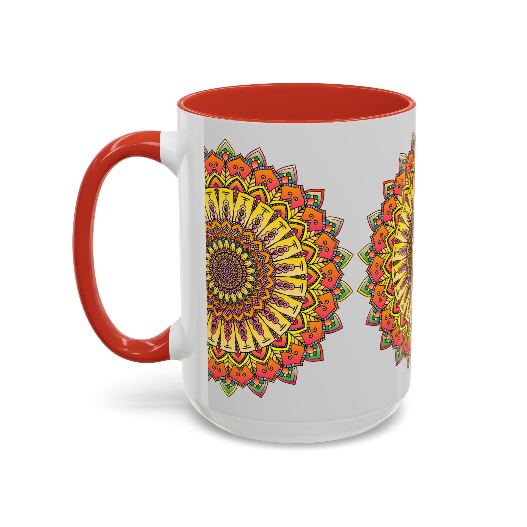 Vibrant mandala mug featuring colorful art against a grey background