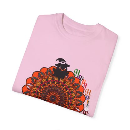 Unisex Halloween Mandala T-shirt with Handmade Pumpkin Mandala Art on Garment-Dyed Tee