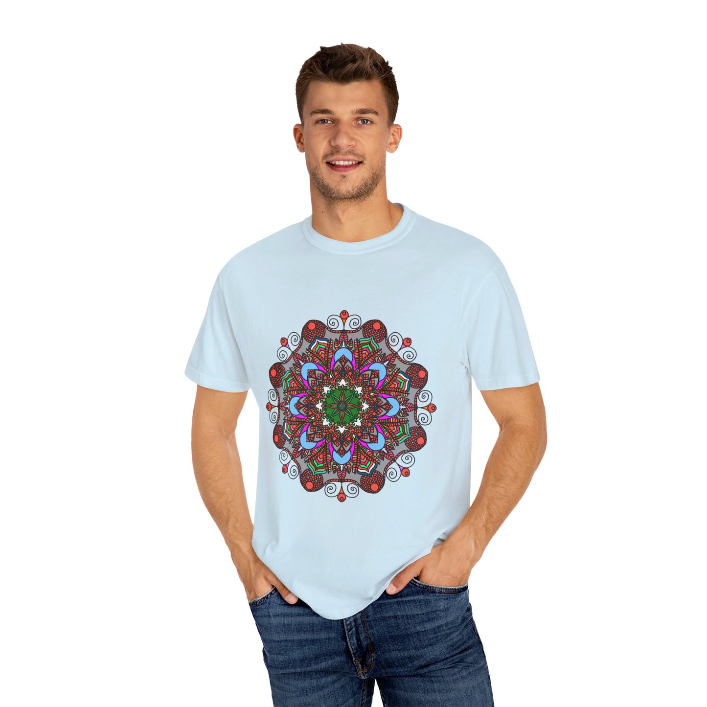 Unisex Mandala T-Shirt made with 100% Ring-Spun Cotton, featuring Hand-Drawn Mandala Art and Garment-Dyed for Extra Comfort